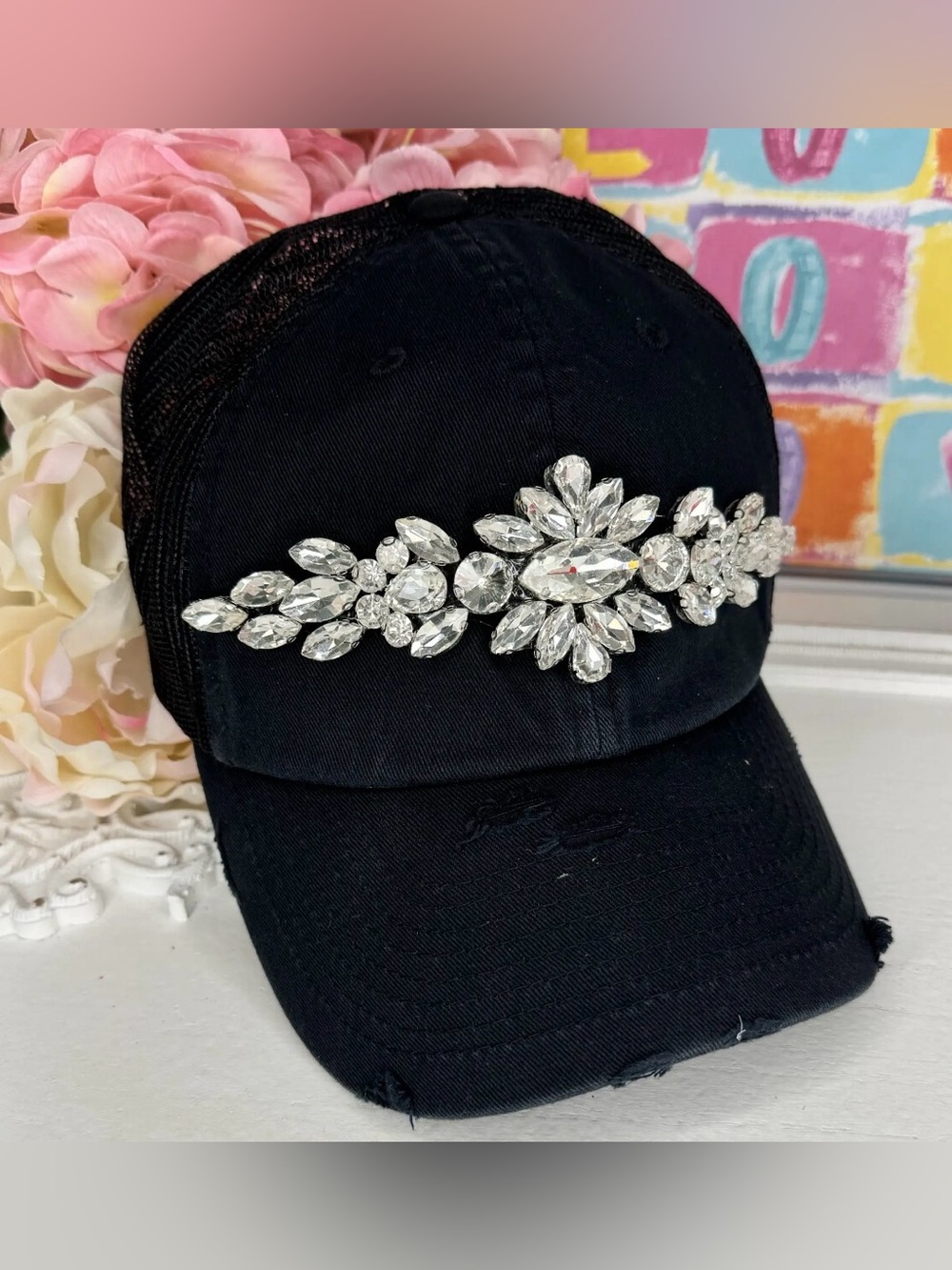 Black mineral wash crystal ab cowboy western trucker hat rhinestone boho